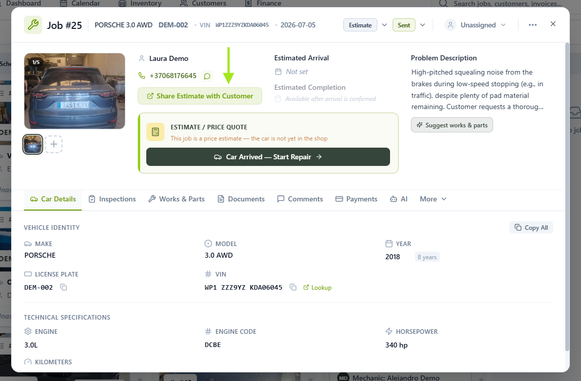 Job Card with the Share Estimate with Customer button highlighted
