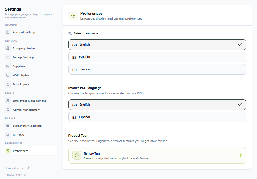 Wemotics Preferences screen showing language selection, invoice PDF language, and replay tour options
