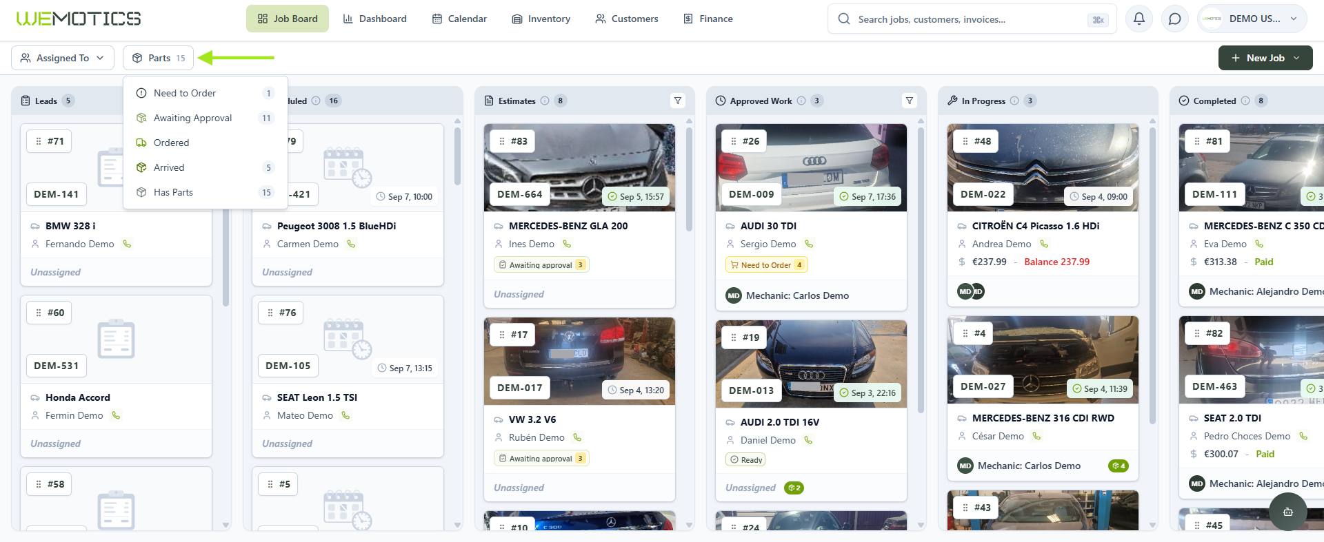 Job Board Parts filter with purchase statuses