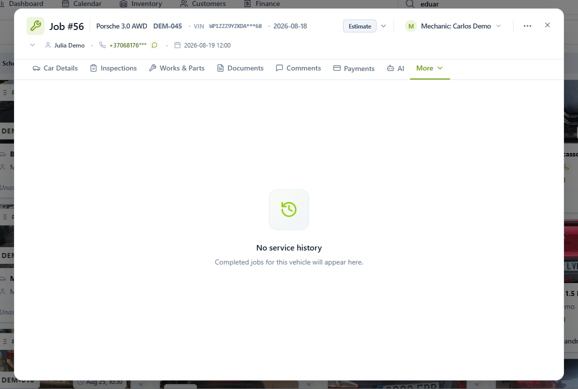 Service History section showing the empty No service history state