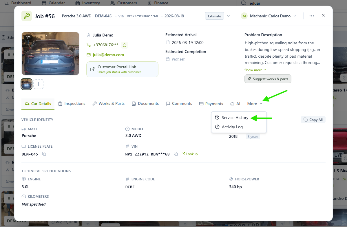 Job Card More menu with Service History option highlighted