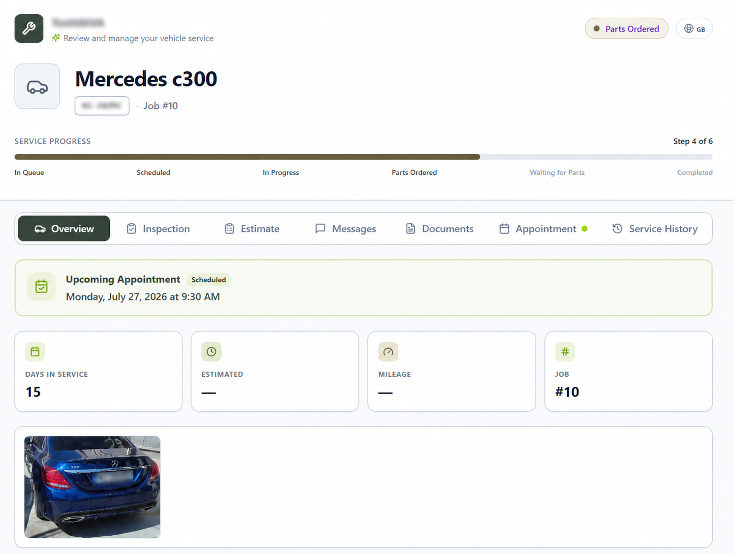 Customer portal showing repair progress, estimates and invoices