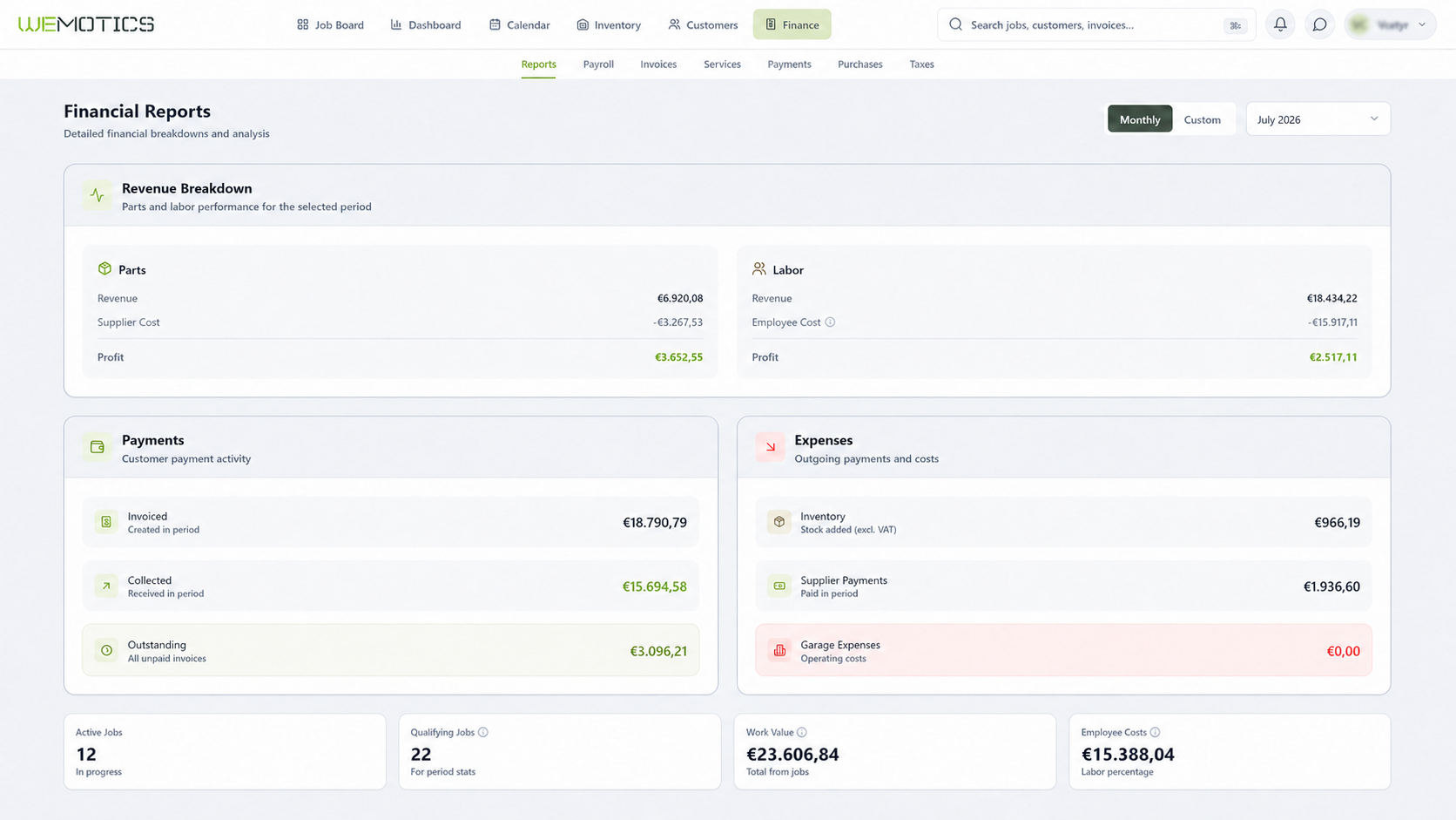 Financial reports — revenue, payments, expenses