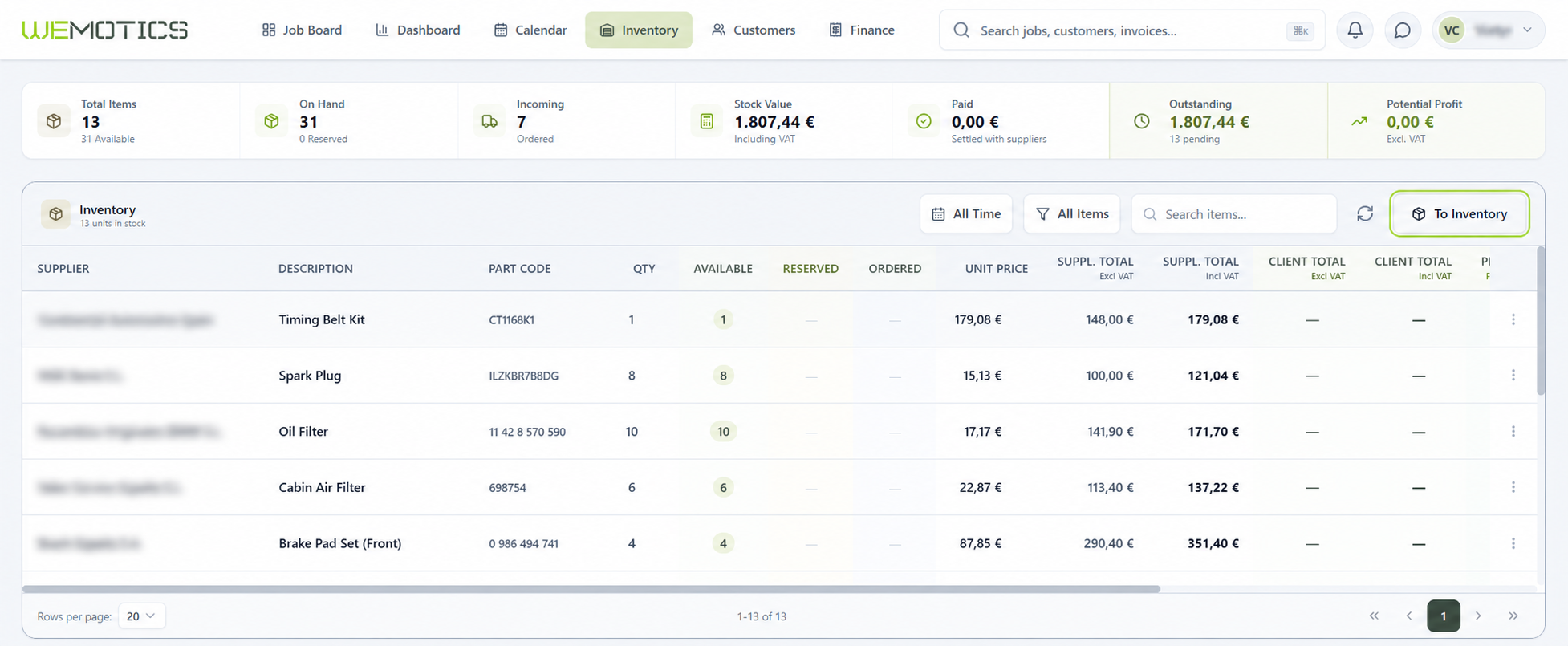 Wemotics works & parts management — procurement and PDF documents