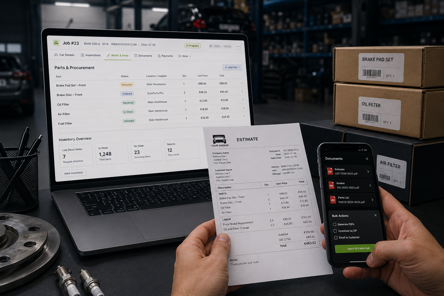 Workshop owner reviewing estimate, parts and bulk document actions