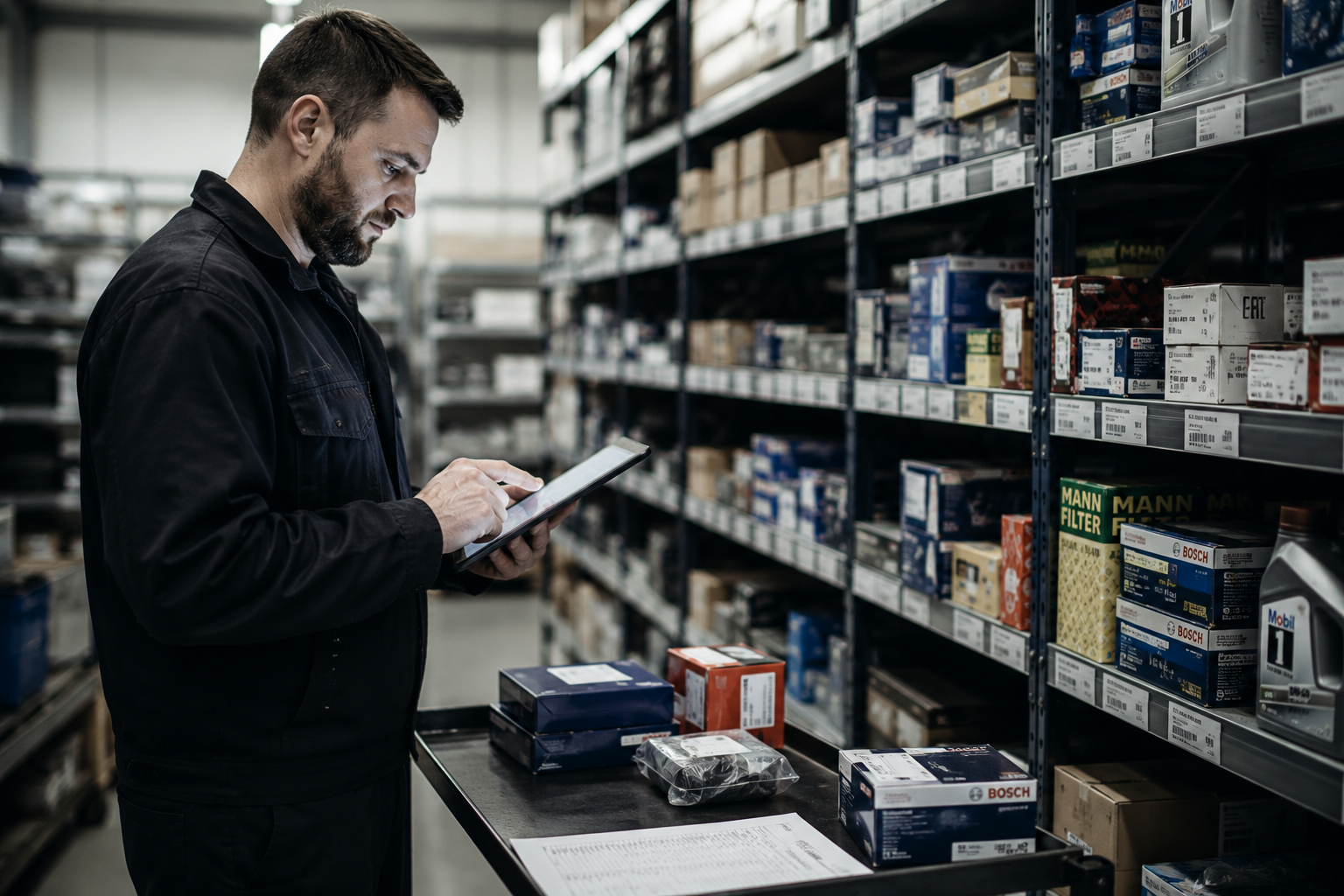 Mechanic checking parts inventory on a tablet between warehouse shelves